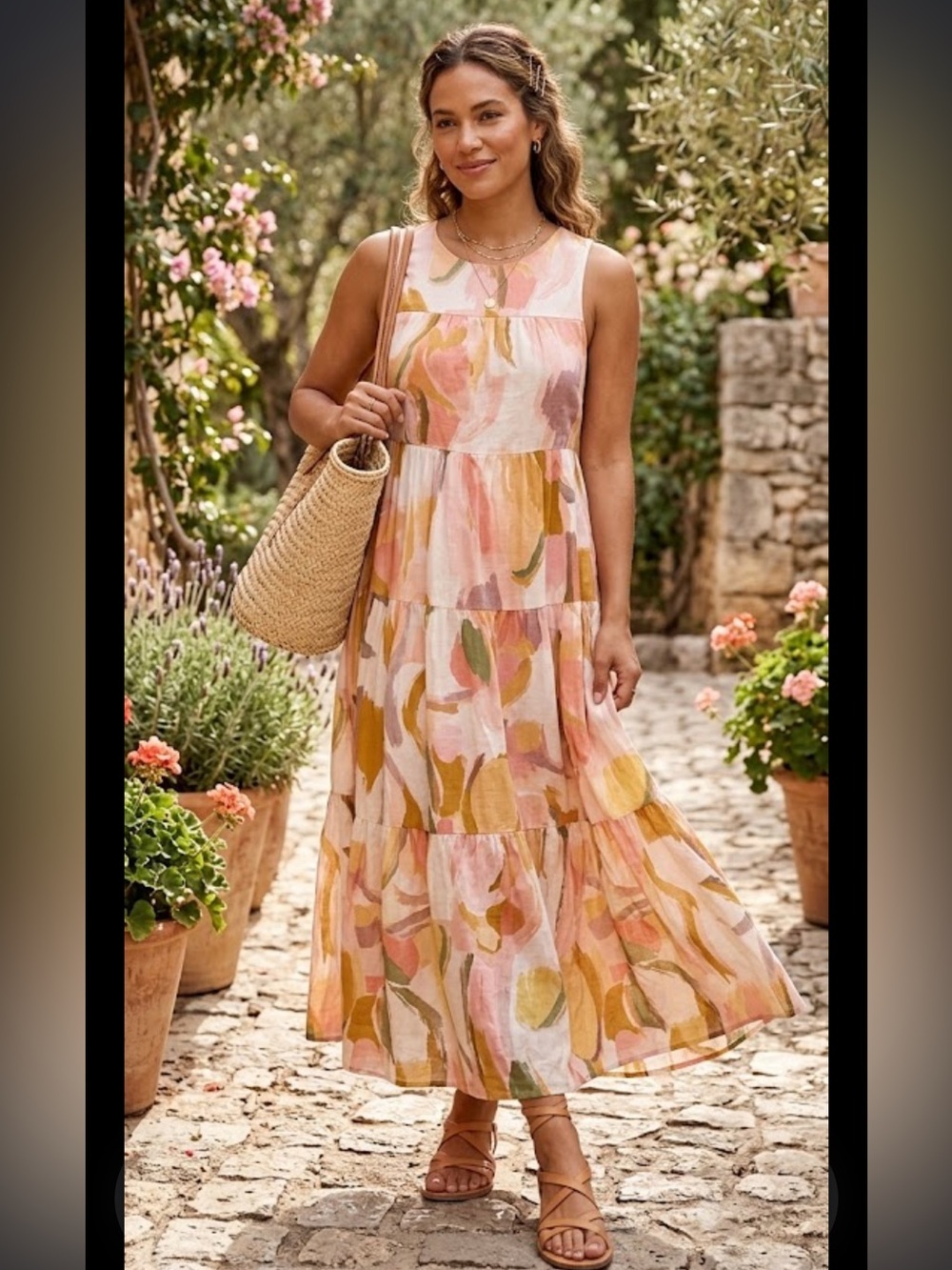 TCEC Peach & Pink Floral Tiered Maxi Dress